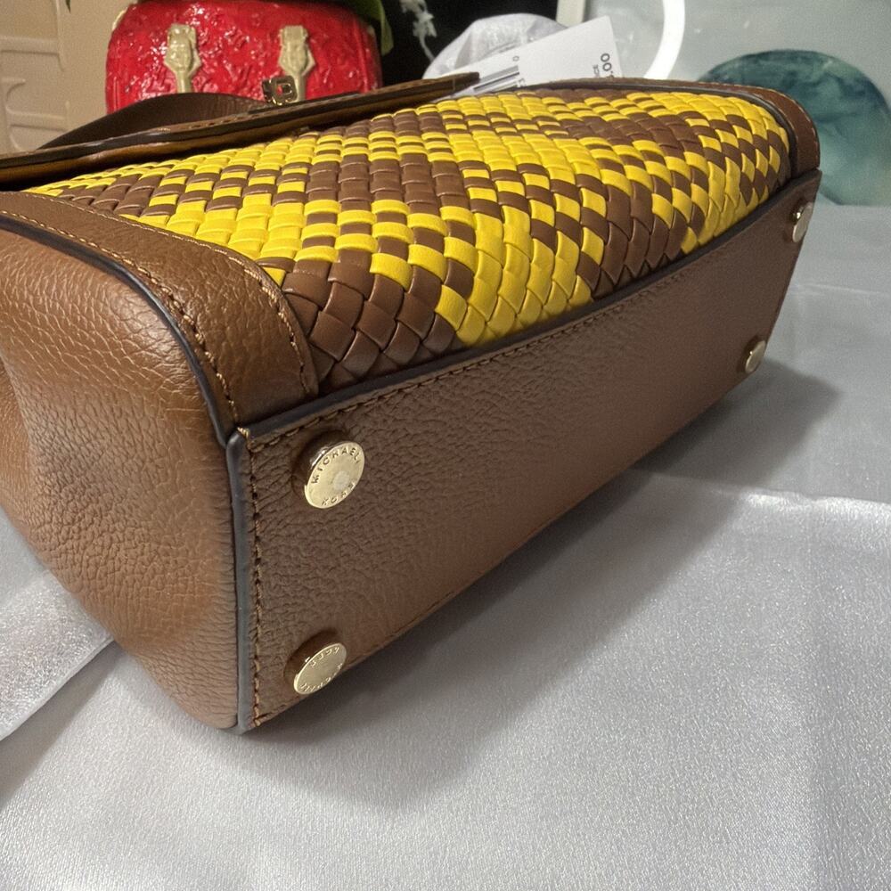 Michael Kors Karson Mini Bag Woven Yellow Leather Brown Top Handle B3M - Picture 5 of 13